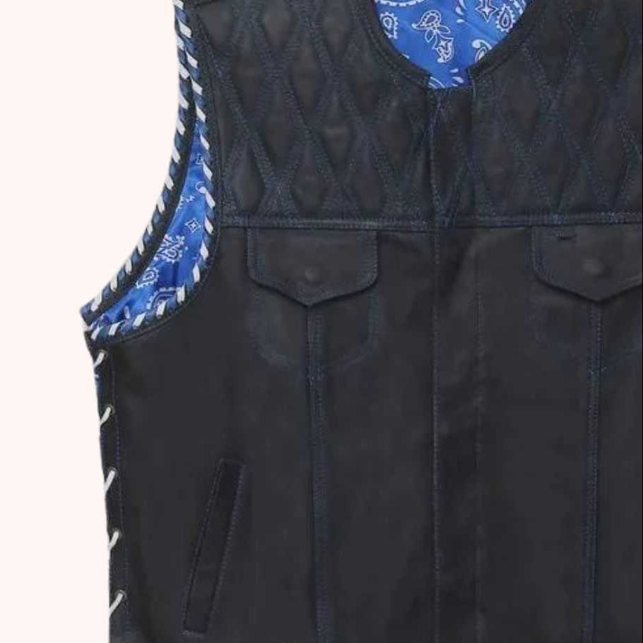 Blue cowhide leather vest detail