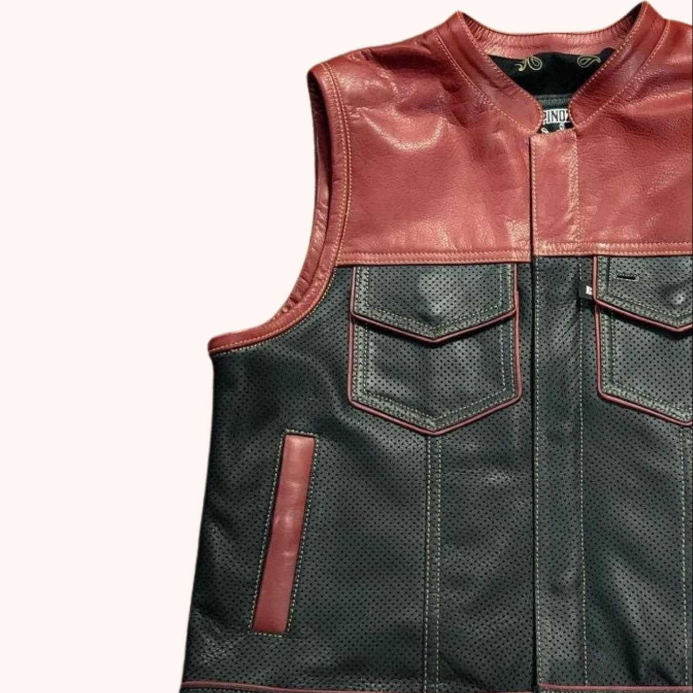 Men's leather biker vest detail