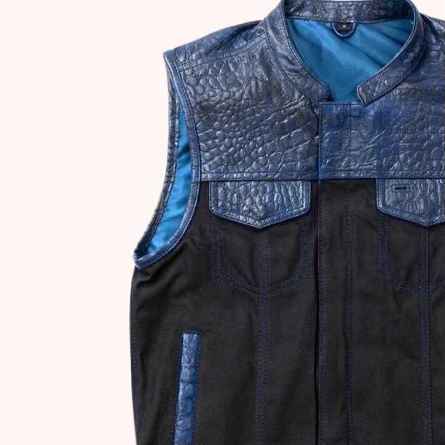 Crocodile-plated leather canvas vest detail