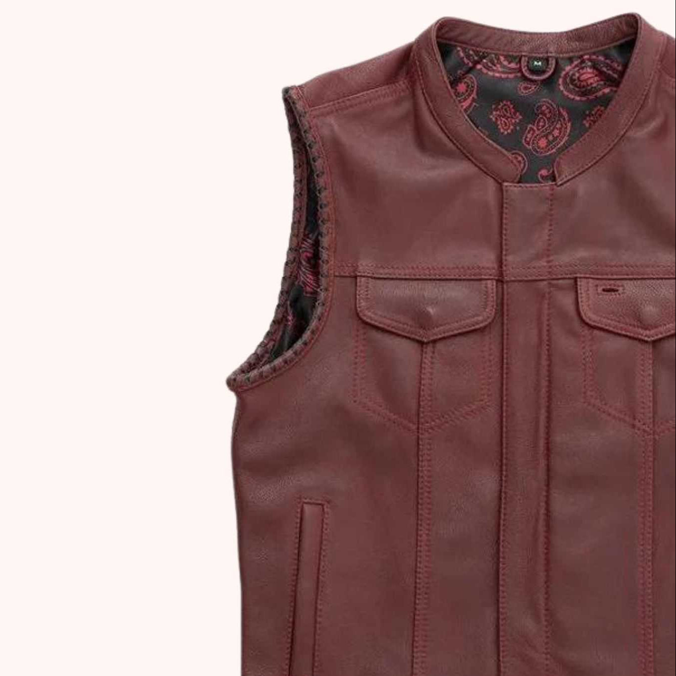 Oxblood accent canvas biker vest detail