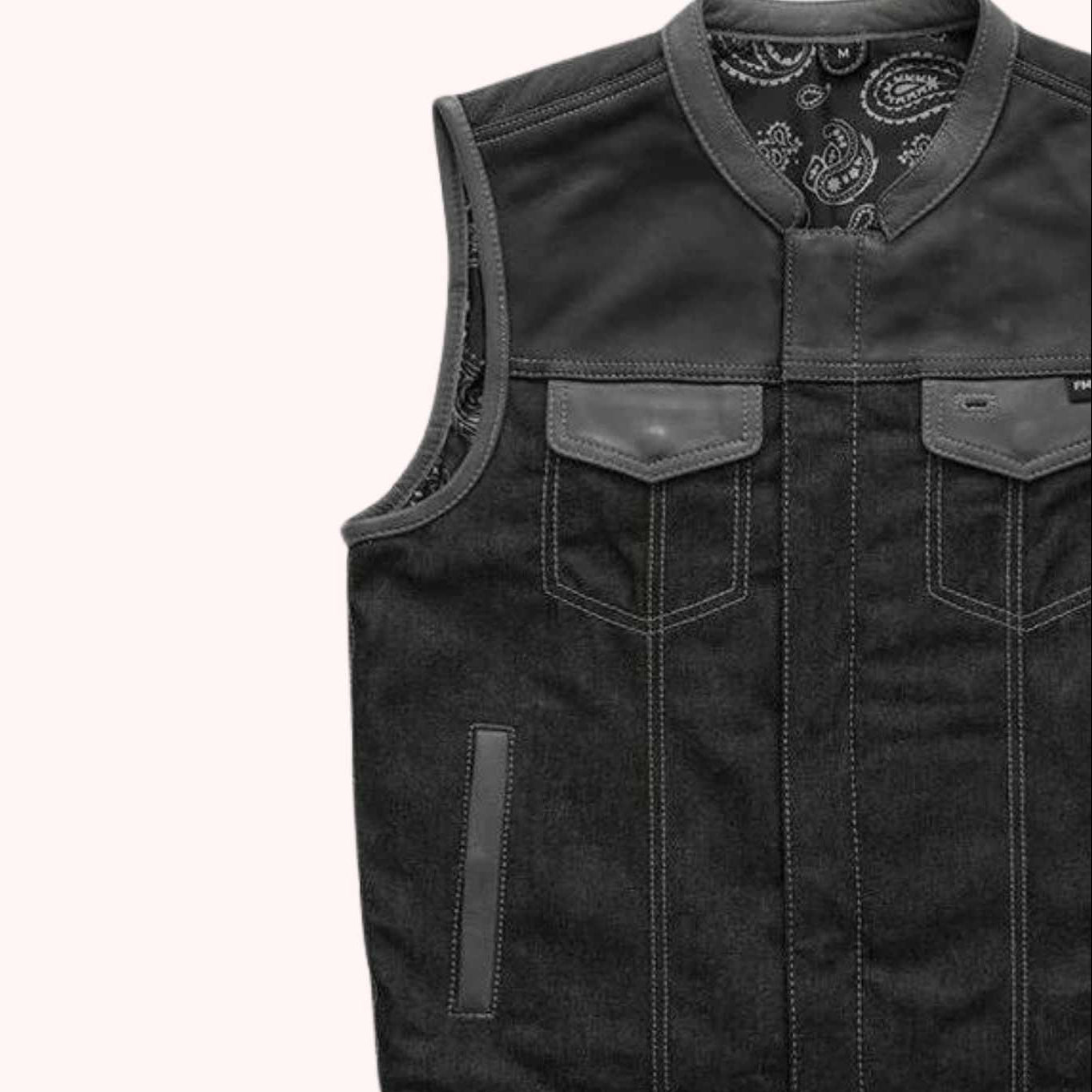 Denim canvas motorcycle vest detail