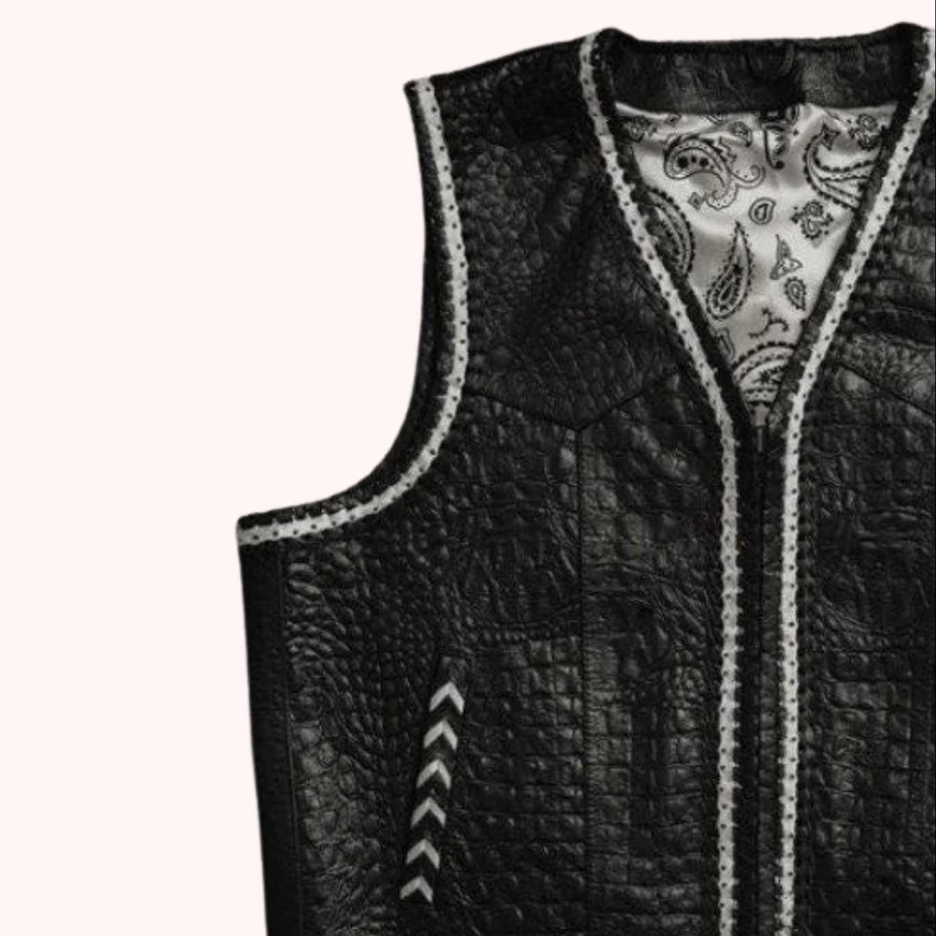 Men's black leather riding vest detail