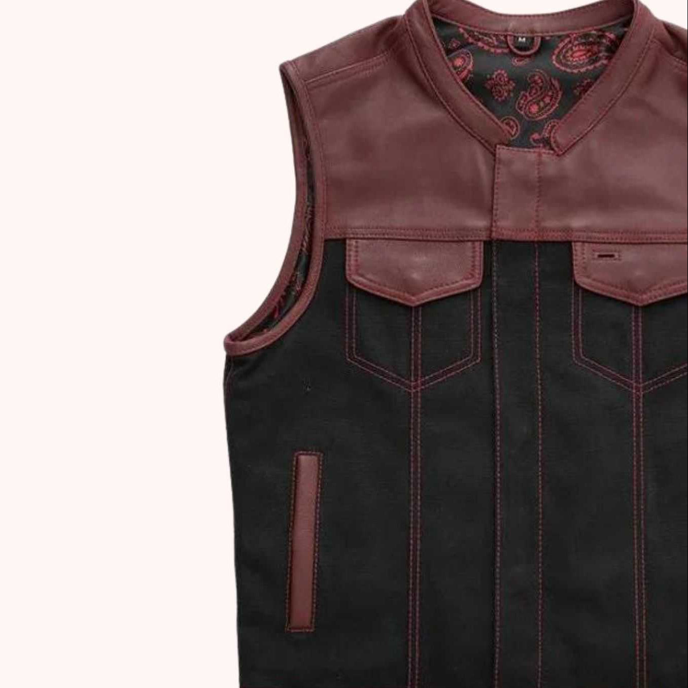 Oxblood leather canvas riding vest detail