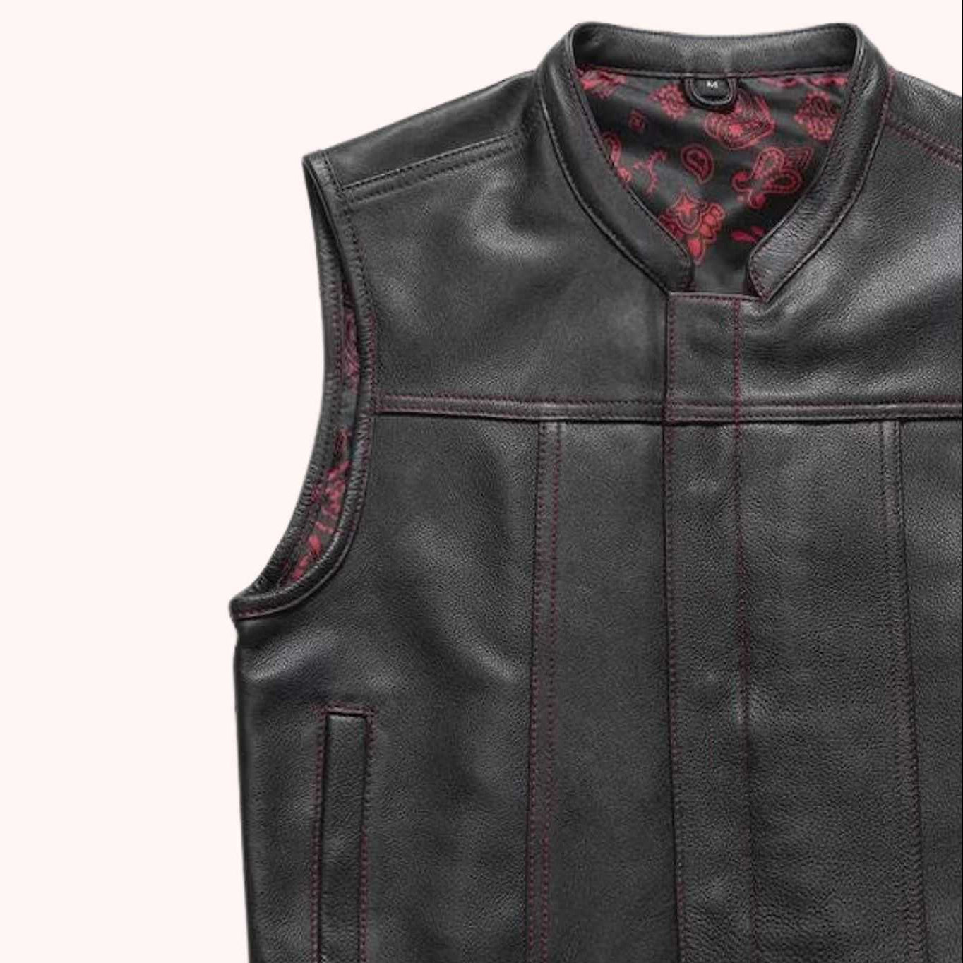 Men's black leather biker vest detail