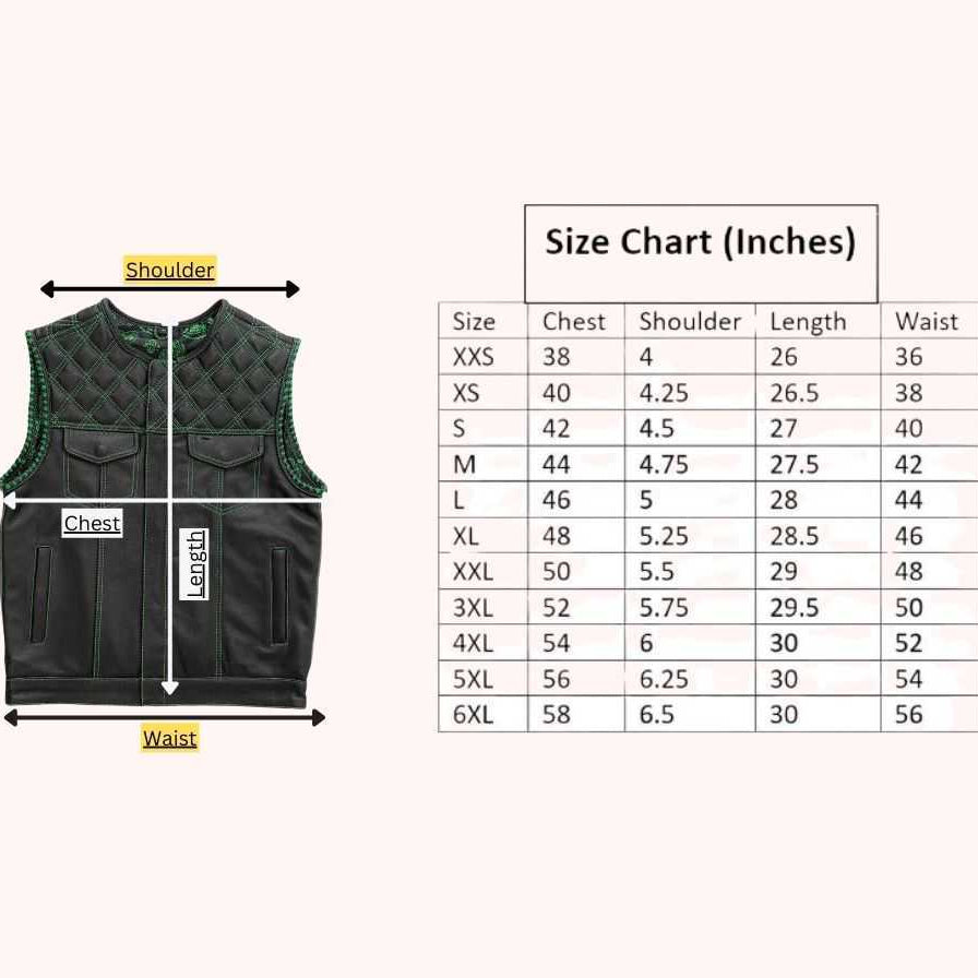 Men's green leather biker vest front view
