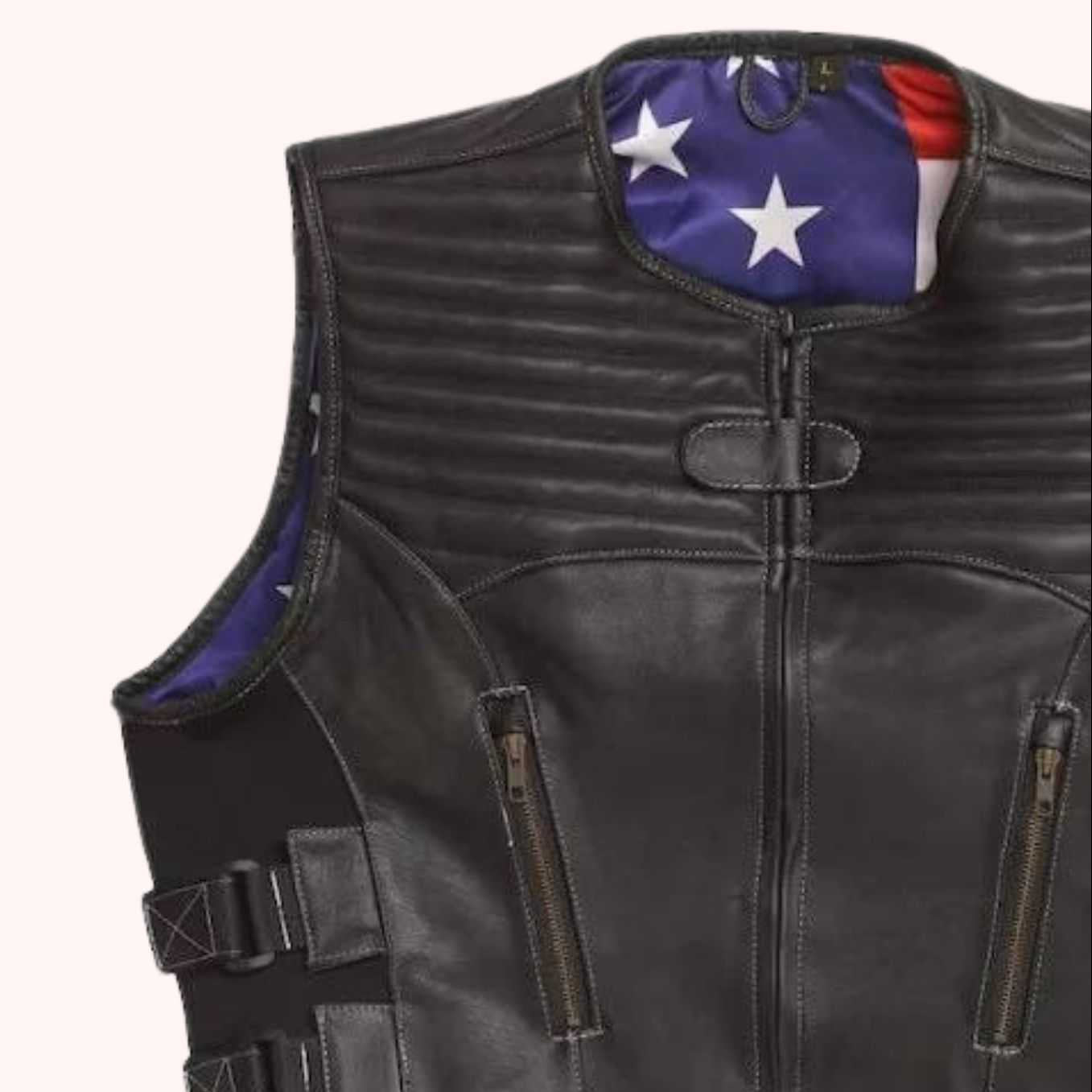 Black leather riding vest detail