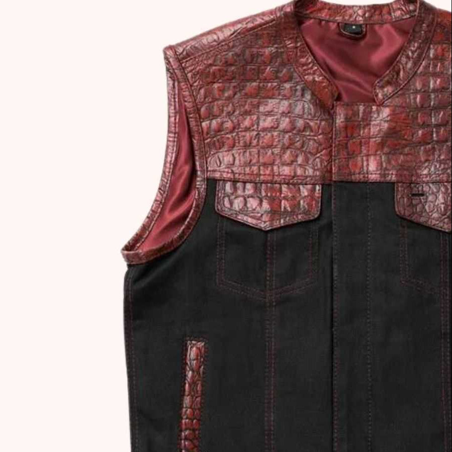 Men's denim biker vest back view