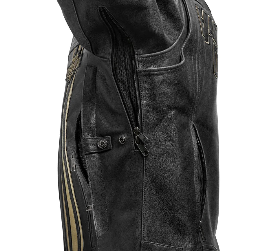 Harley-Davidson Men's Black Leather Cafe Racer Jacket - Gold Stripes & Quilted Accents