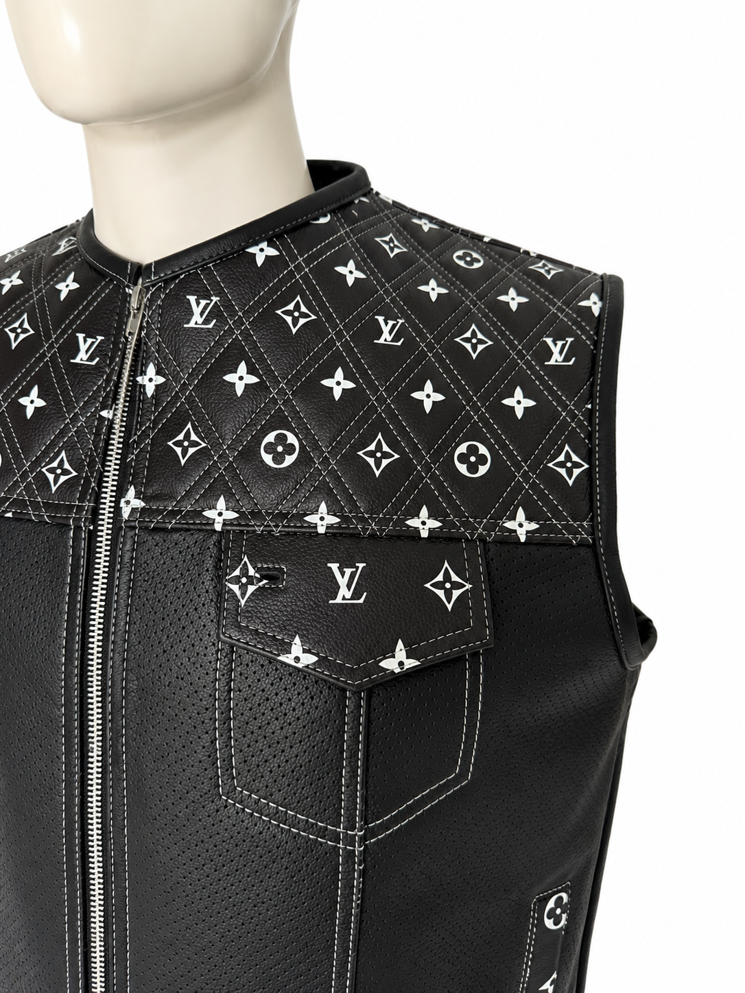 Premium Black Leather Biker Vest – Quilted Monogram Design