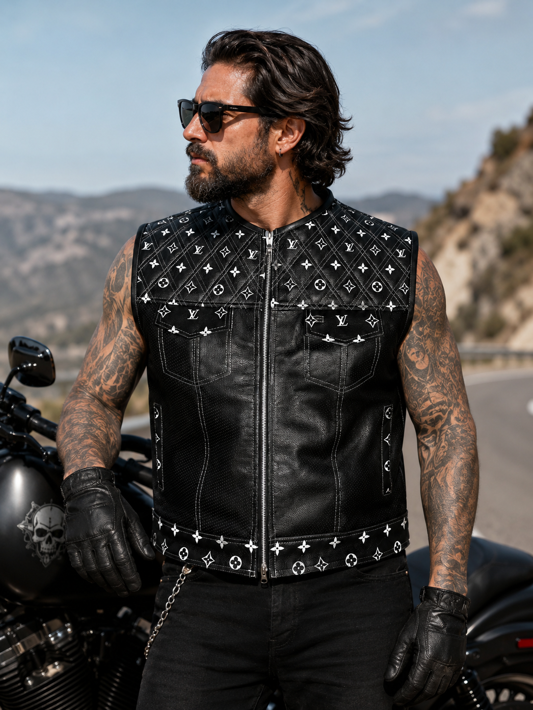 Premium Black Leather Biker Vest – Quilted Monogram Design