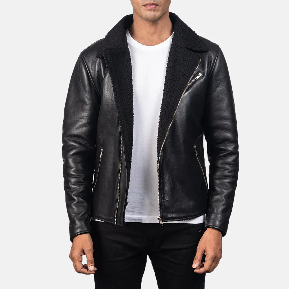 Black faux-fur lined leather jacket detail