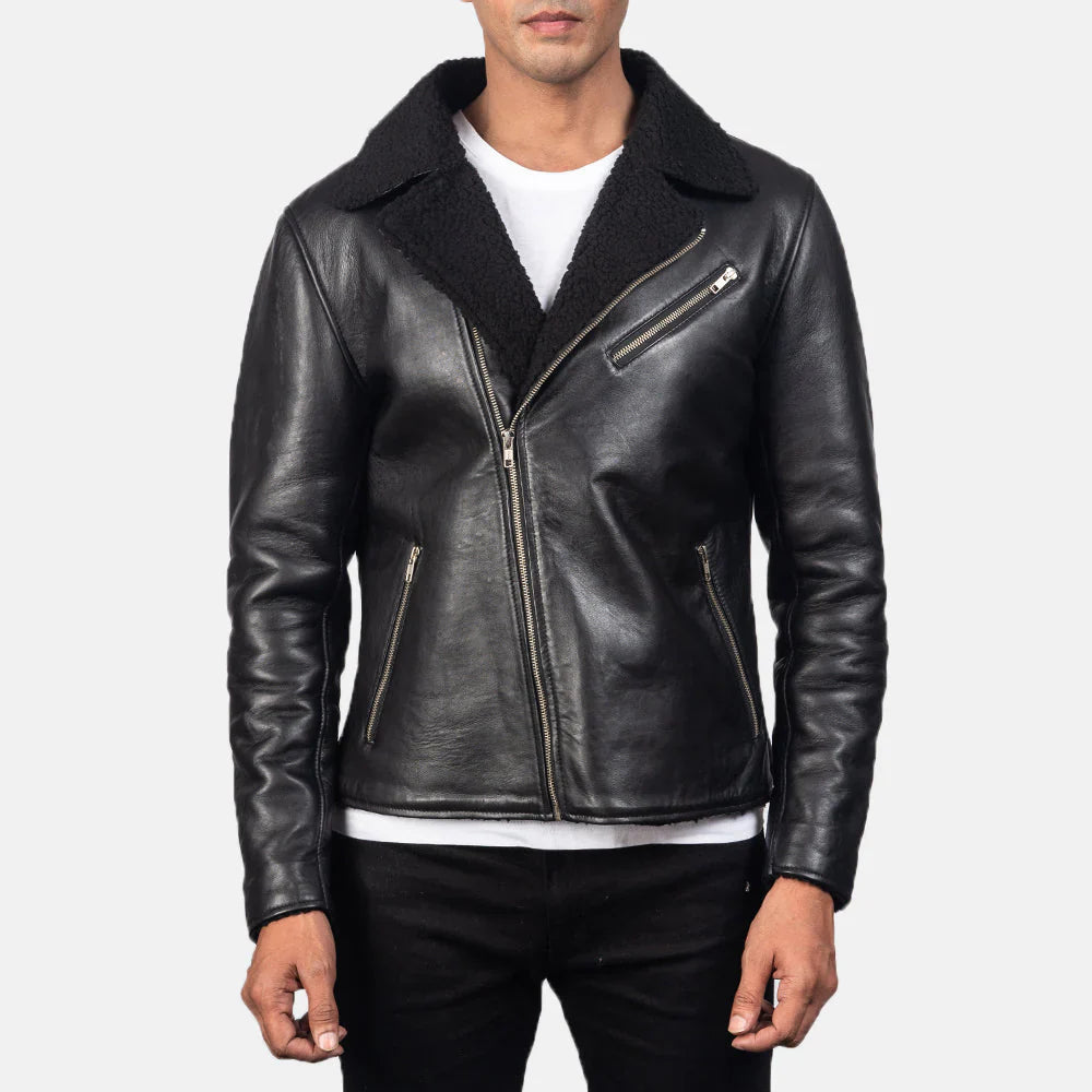 Black sheepskin jacket with faux-fur lining