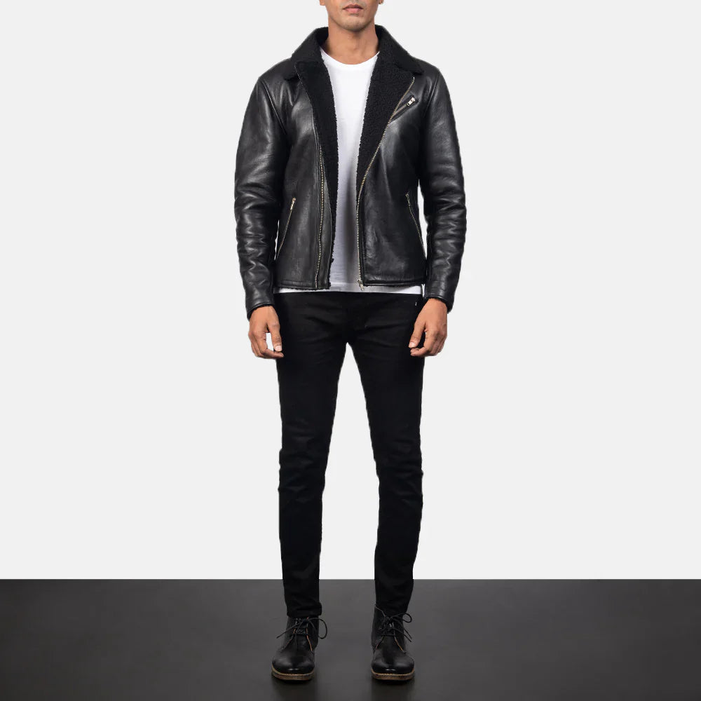 Men's black leather jacket with notch collar