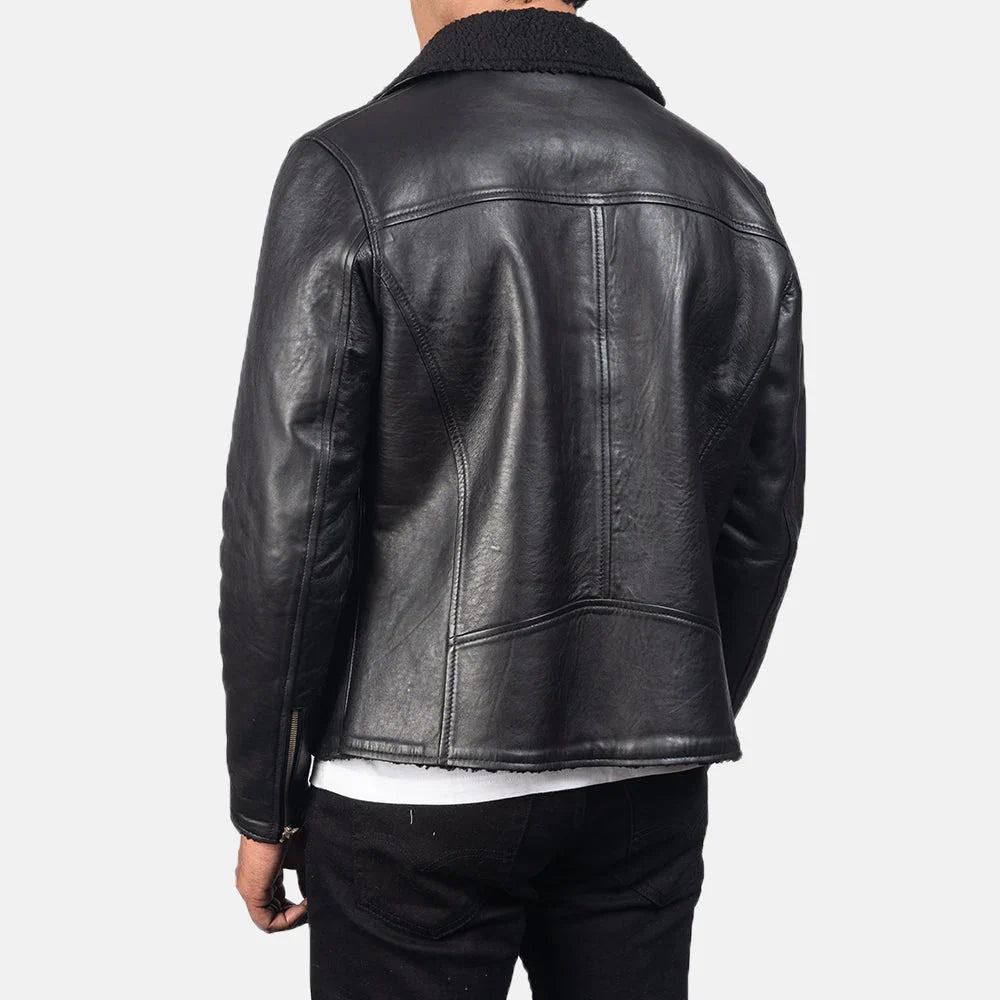 Shearling-lined black leather jacket