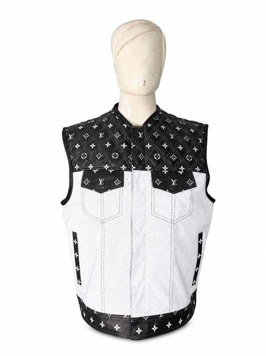 Premium Mens Black & White perforated Leather Biker Vest