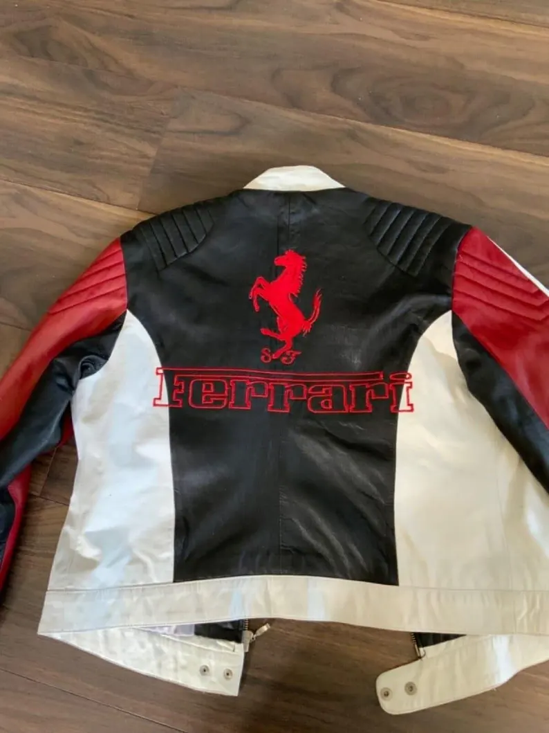 Premium Genuine Leather Ferrari Racing Jacket  Black, White & Red Color Block