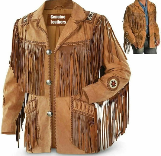 Men's tan brown braided beads Western leather jacket