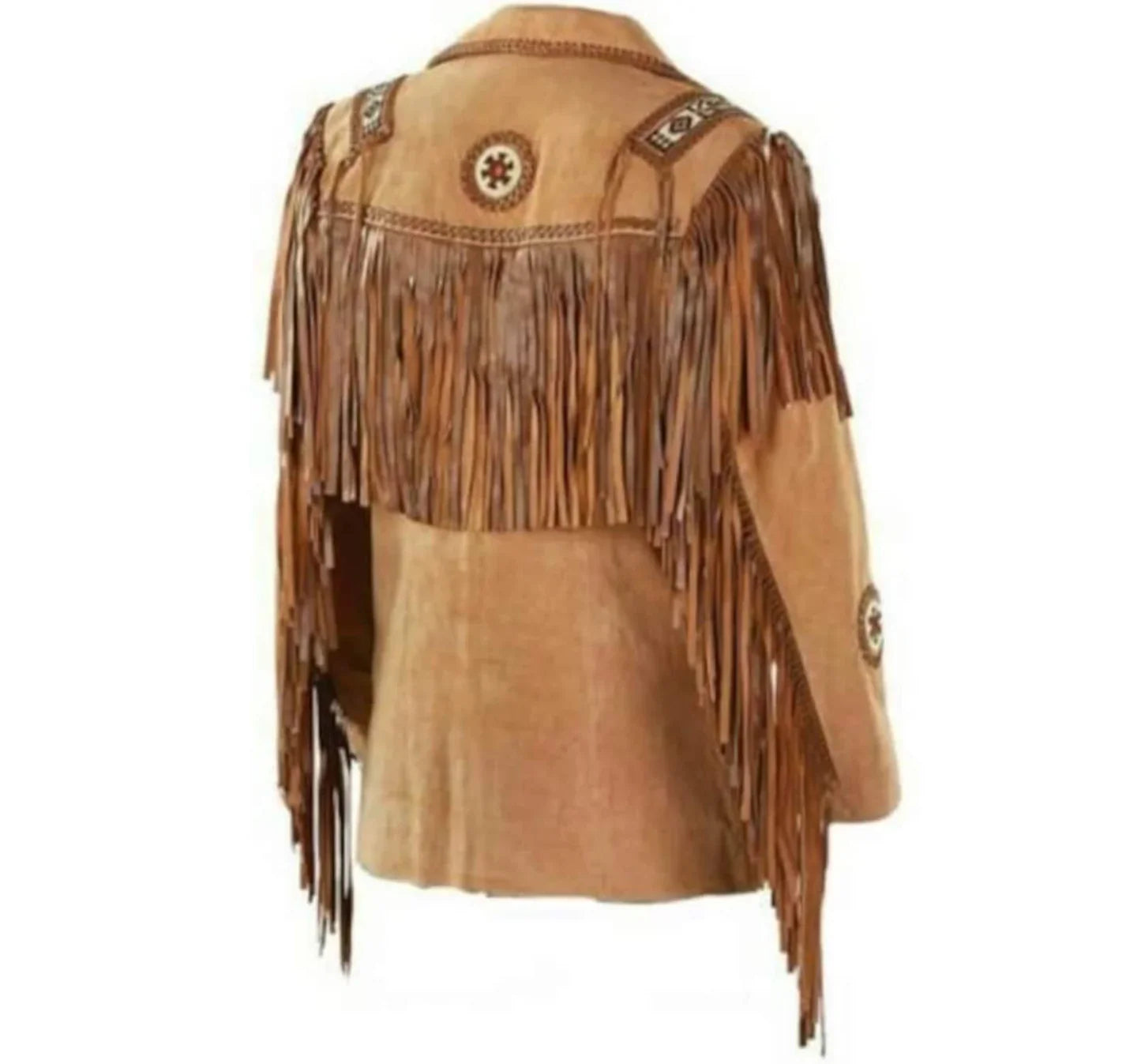 Tan brown suede Western jacket with fringe and beads