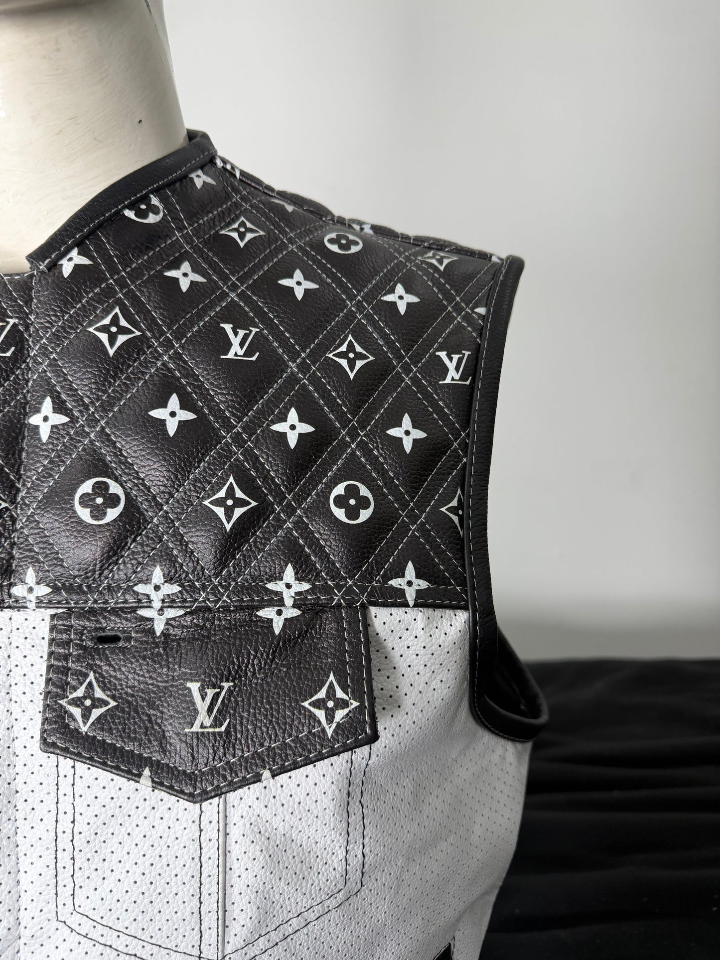 Premium Mens Black & White perforated Leather Biker Vest