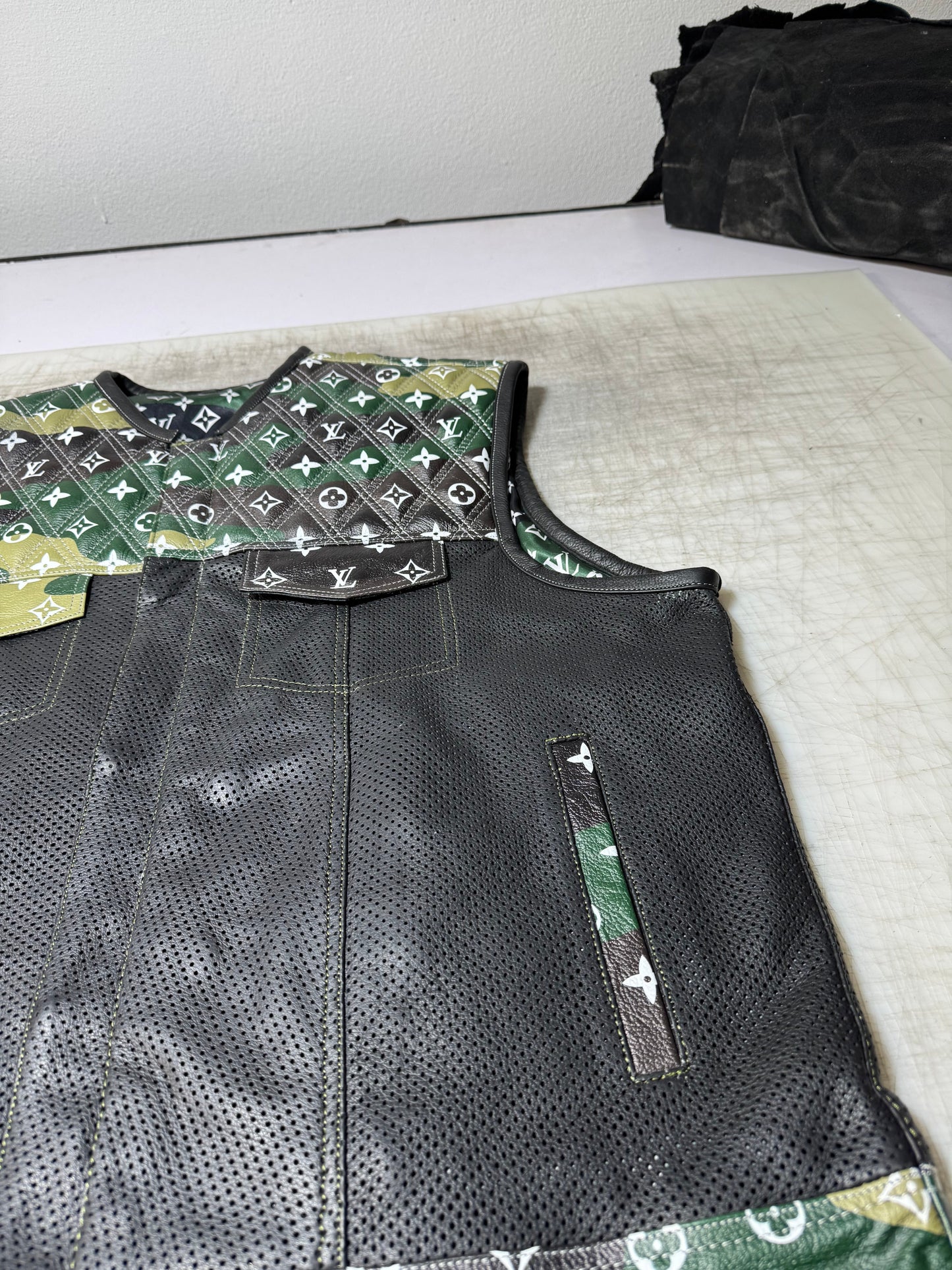 Lo*uis Vuit**n
 Camo & Black Perforated Leather Vest