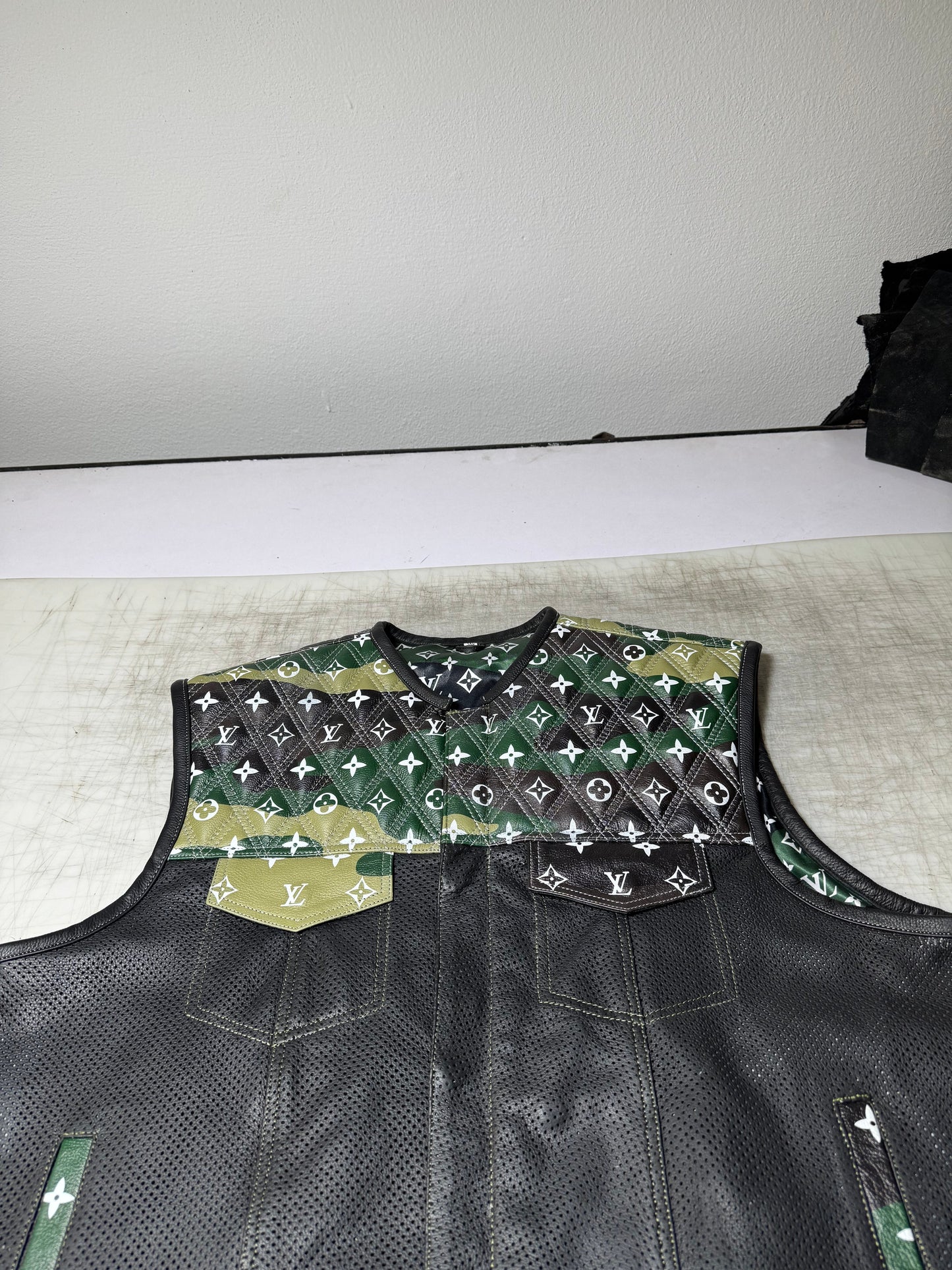 Lo*uis Vuit**n
 Camo & Black Perforated Leather Vest