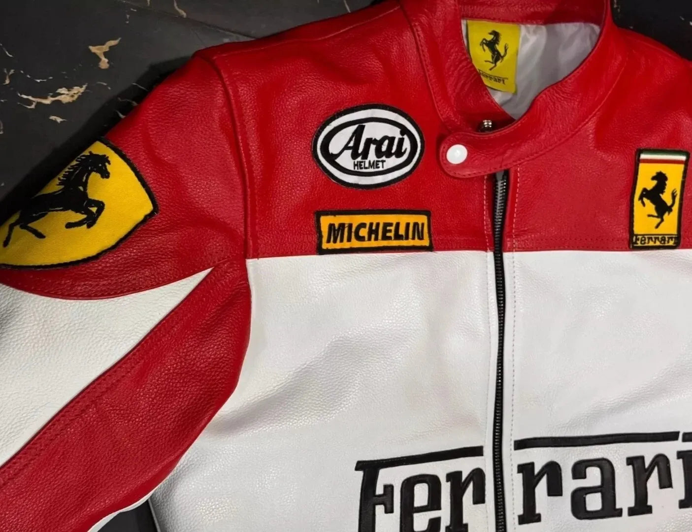 🏁 Ferrari Red & White Racing Leather Jacket (100% Genuine Leather) – Arai & Michelin Embroidered Edition