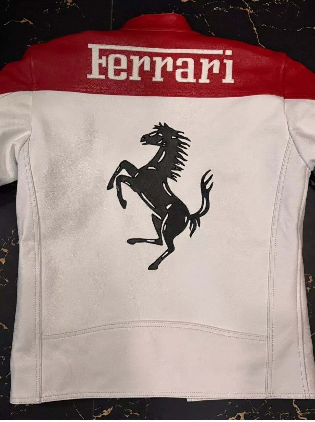🏁 Ferrari Red & White Racing Leather Jacket (100% Genuine Leather) – Arai & Michelin Embroidered Edition