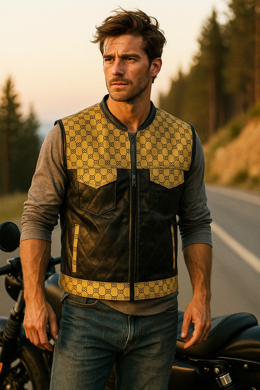 Men’s Luxury G*cci Leather Biker Vest Designer Pattern & Quilted Finish
