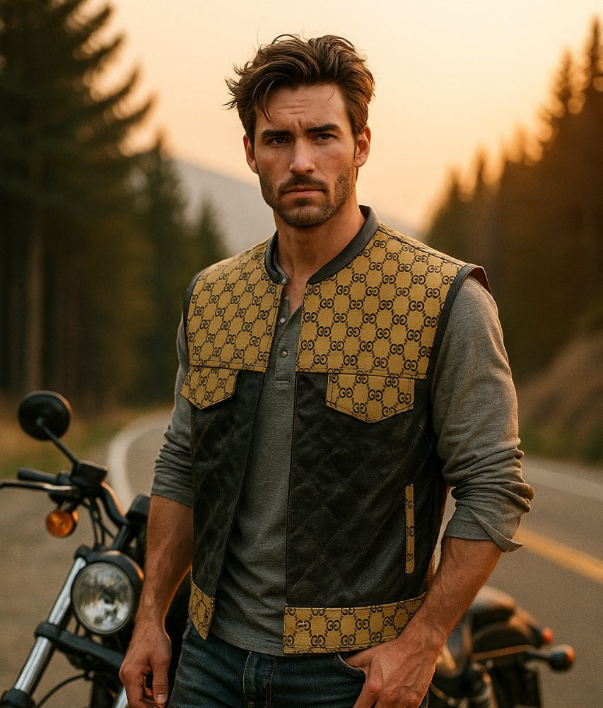 Men’s Luxury G*cci Leather Biker Vest Designer Pattern & Quilted Finish