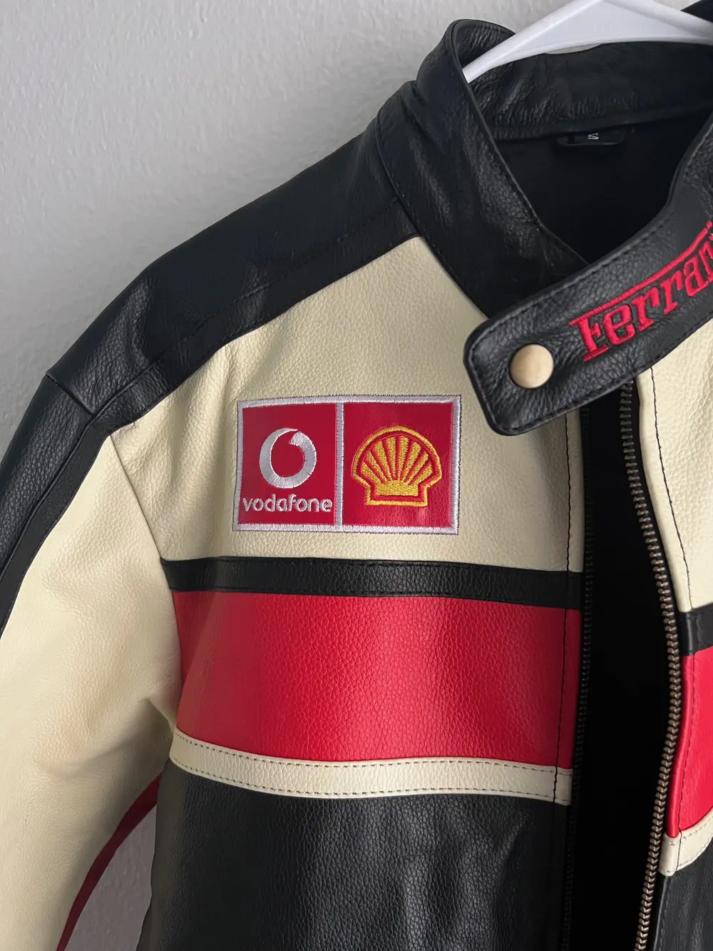 Premium Leather Ferrari F1 Racing Jacket in  Black, Cream & Red - Vodafone & Shell Sponsors