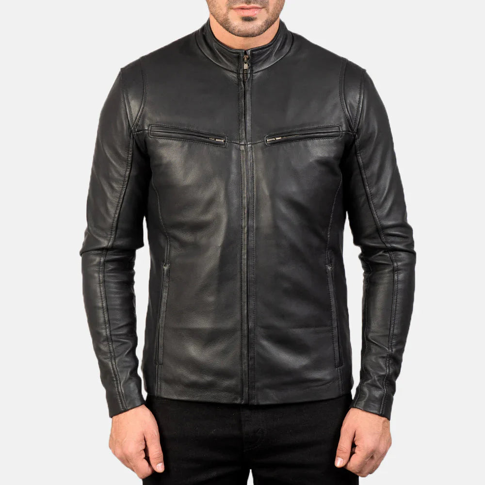 Men's black leather jacket with band collar