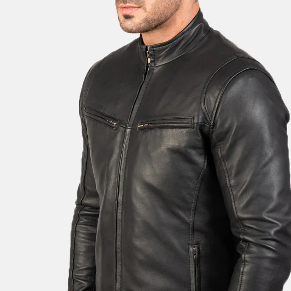 Men's black leather jacket front view