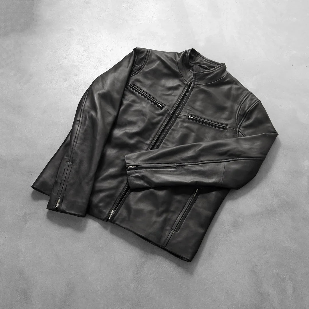 Sleek black leather jacket for men