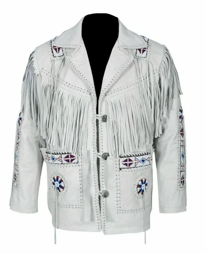 Men's white braided fringe Western leather jacket