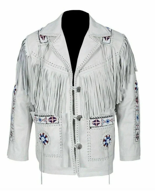 Men's white braided fringe Western leather jacket