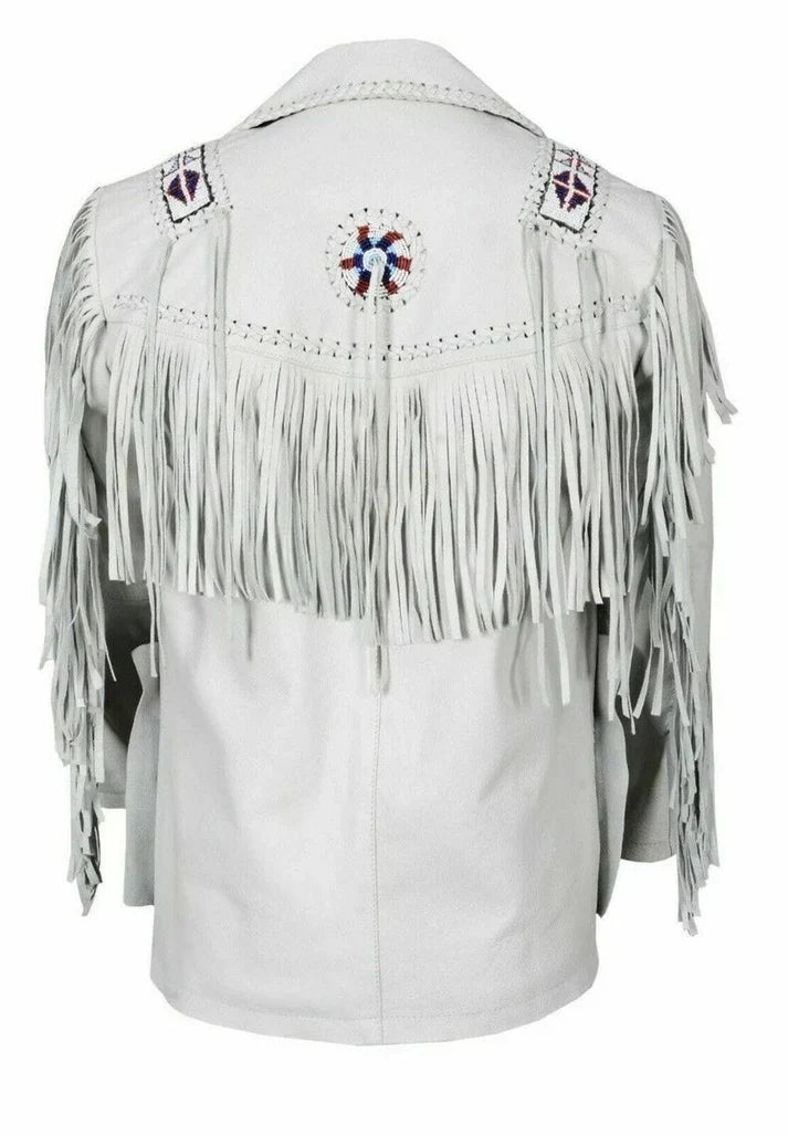 White Western leather jacket with braided fringe