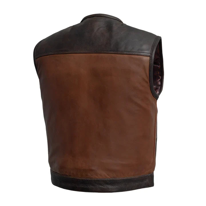 Brown cowhide club vest with banded collar for men