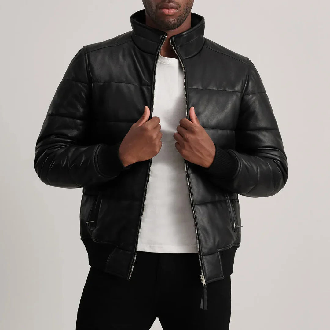 Lucas black leather puffer bomber jacket for men