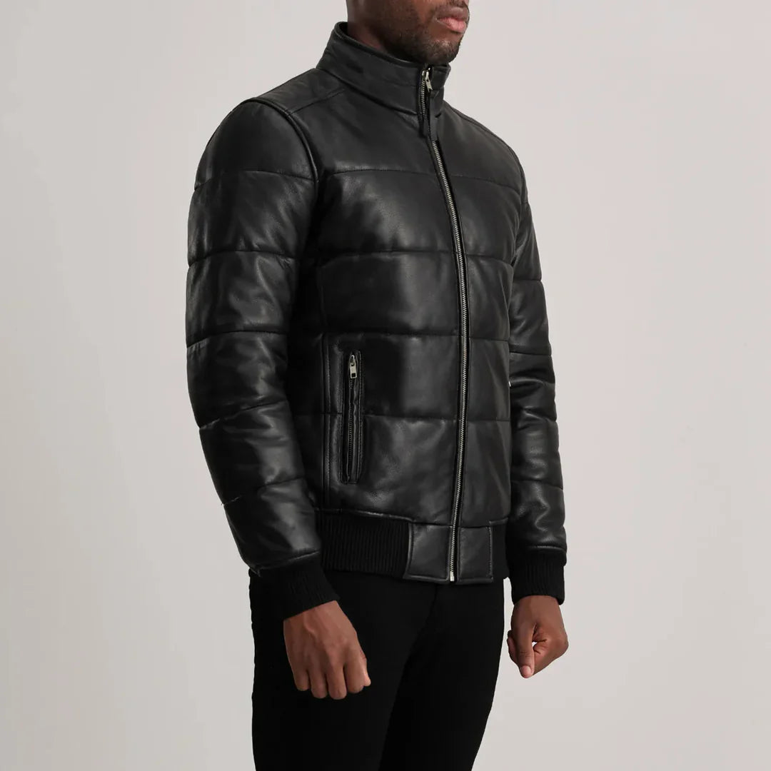 Black sheepskin bomber jacket with high-neck collar