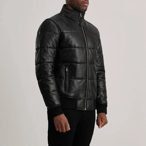Black sheepskin bomber jacket with high-neck collar