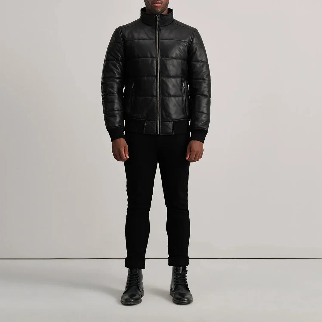 Men's leather puffer jacket with rib-knit cuffs