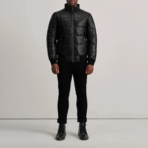 Men's leather puffer jacket with rib-knit cuffs