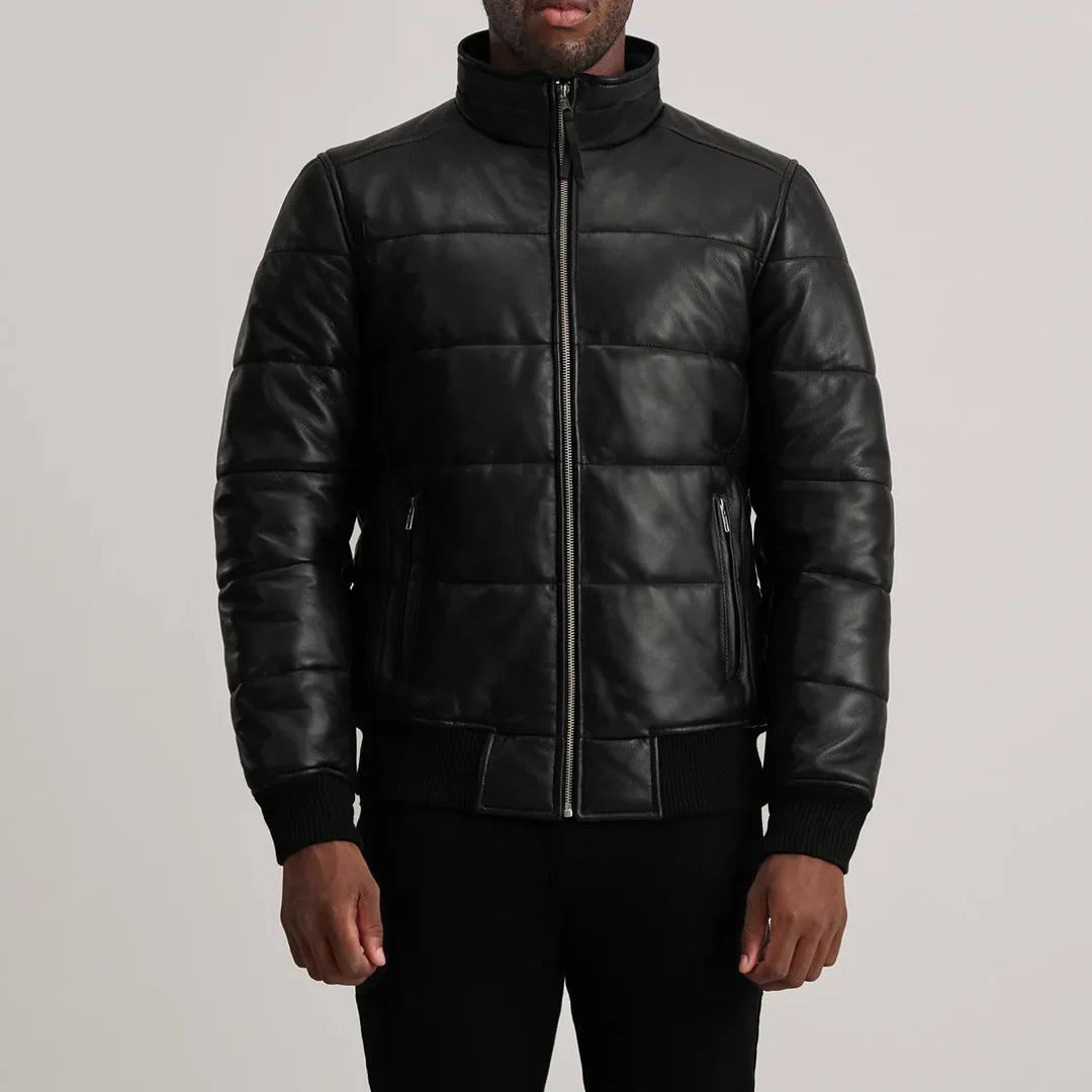 Black leather bomber jacket front view