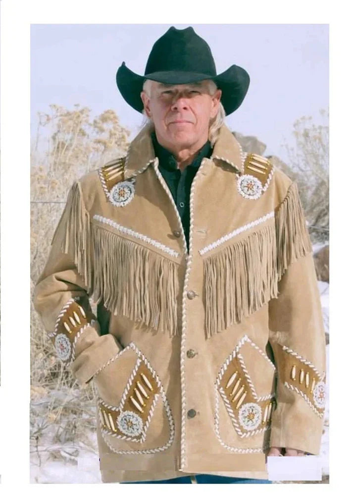 Men's brown suede Western leather jacket with fringe