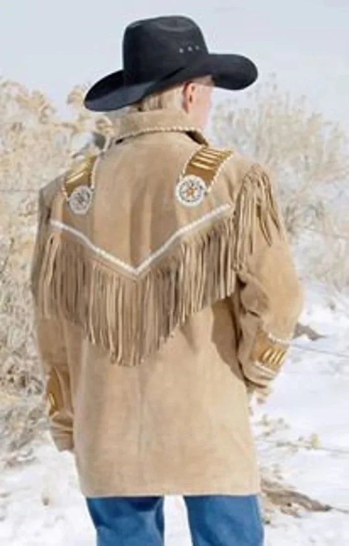 Brown suede fringe cowboy leather jacket for men