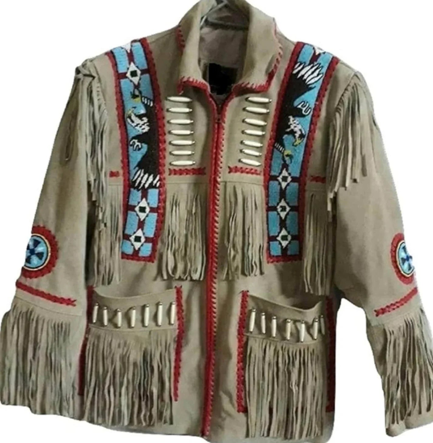 Men's beige suede braided beads Western leather jacket