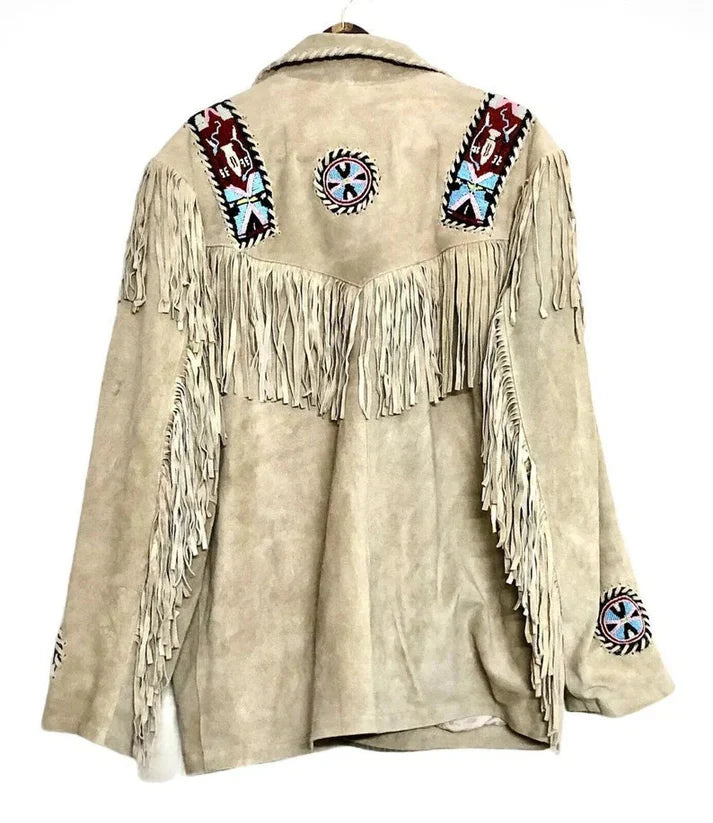Suede Western work coat with fringe and beads for men