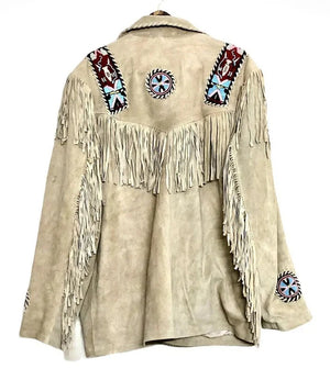 Suede Western work coat with fringe and beads for men