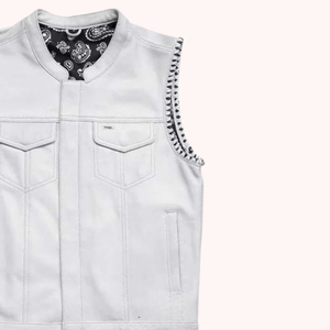 White leather motorcycle vest with conceal carry