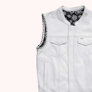 Men's white leather biker vest detail